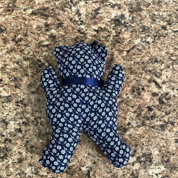 Handmade Cross Stitch Teddy Bear Stuffed Animal Blue Bow Heart Accent Decor - Picture 2 of 8
